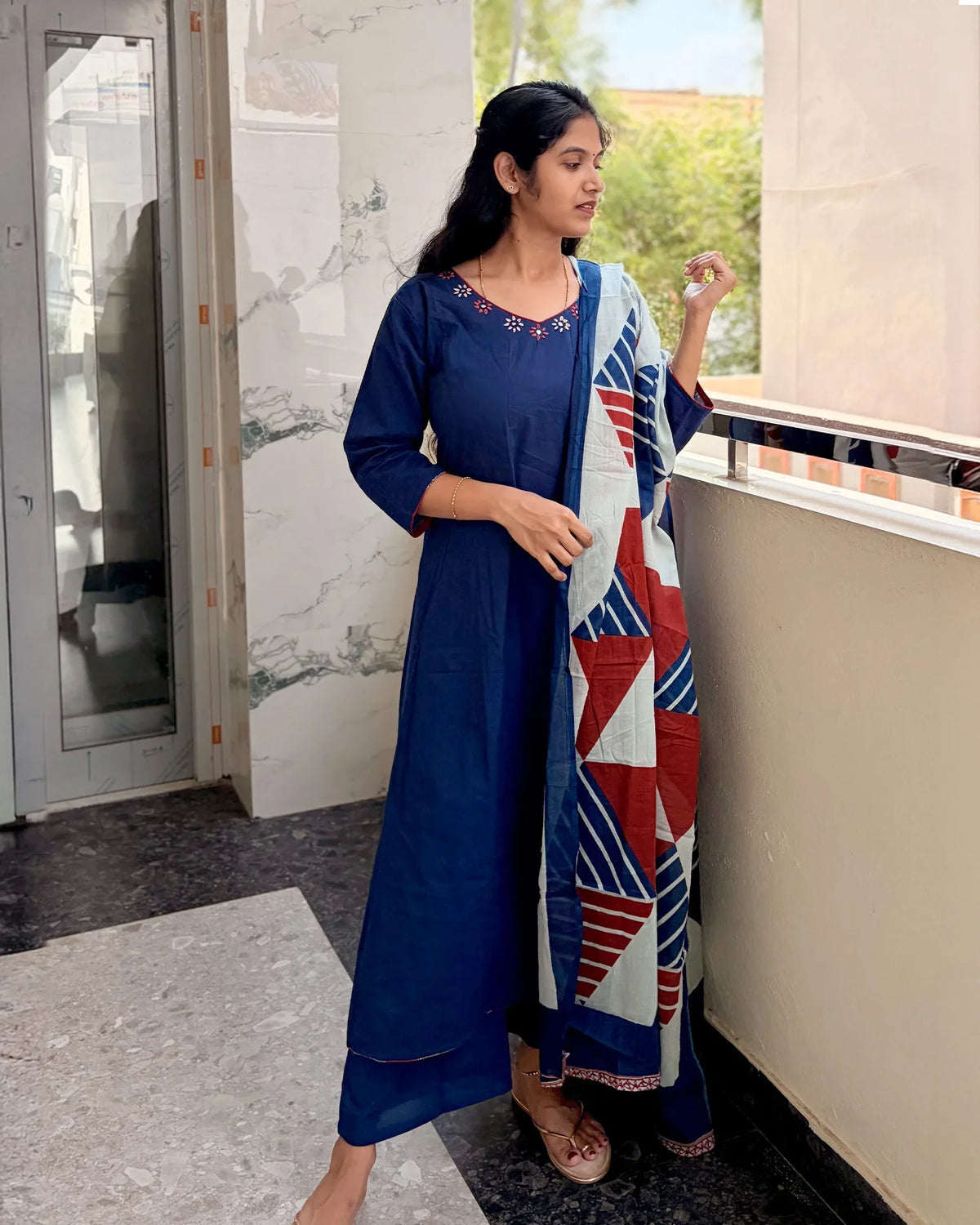 Blue Dhabu Cotton Kurti Set