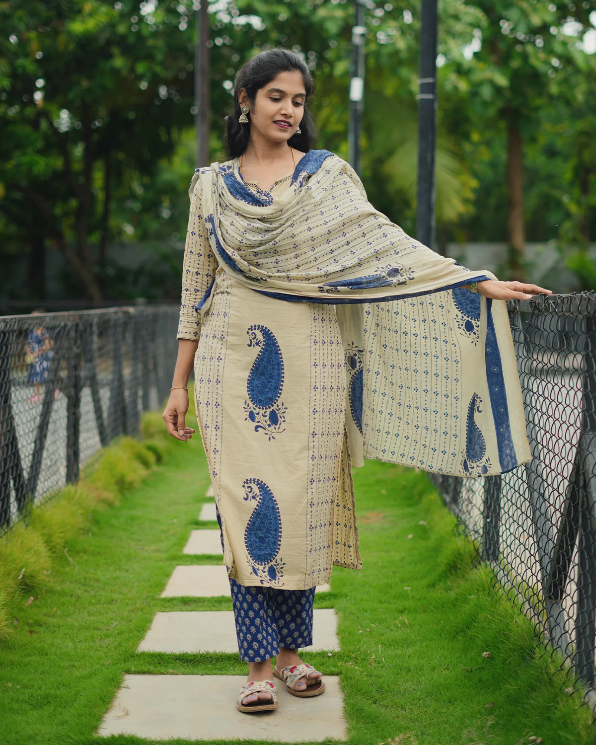 Cream and Blue 3pc Kurthi Set