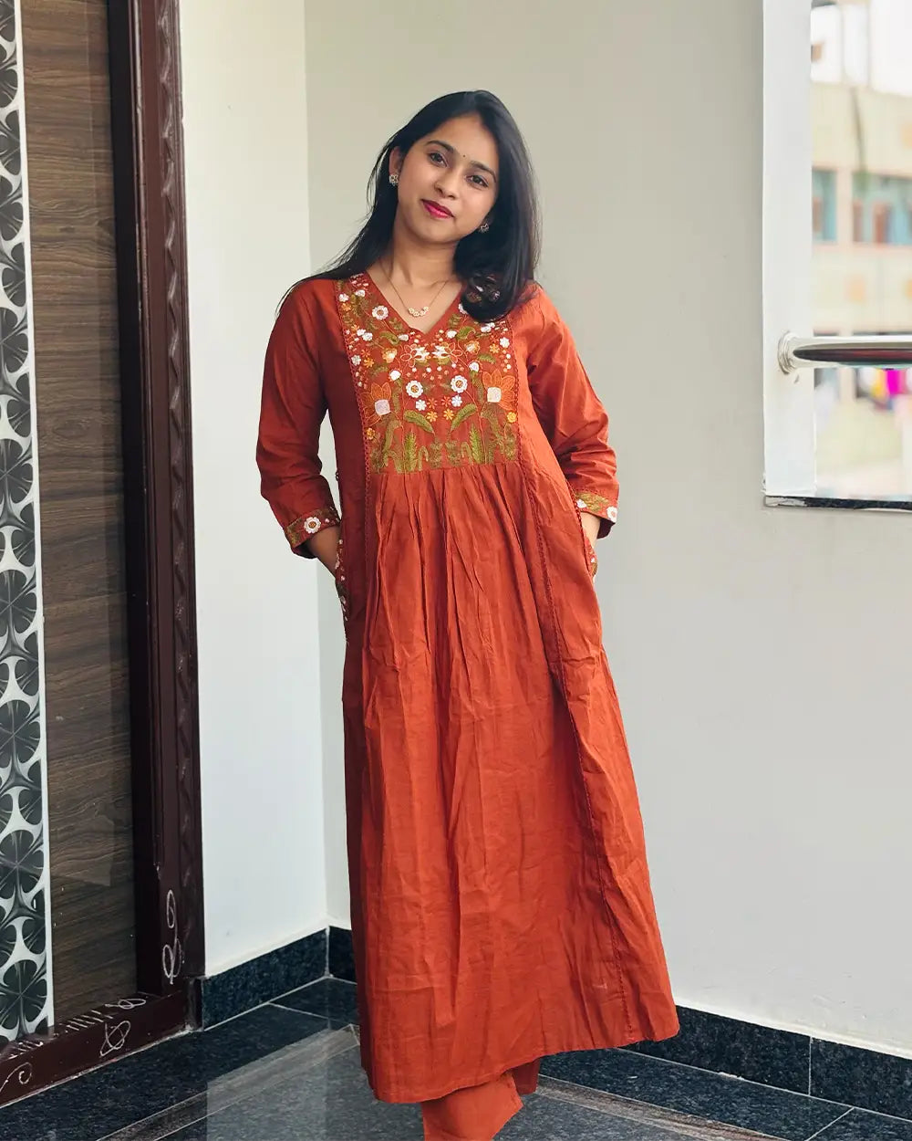 Rust Orange Cotton Anarkali Set