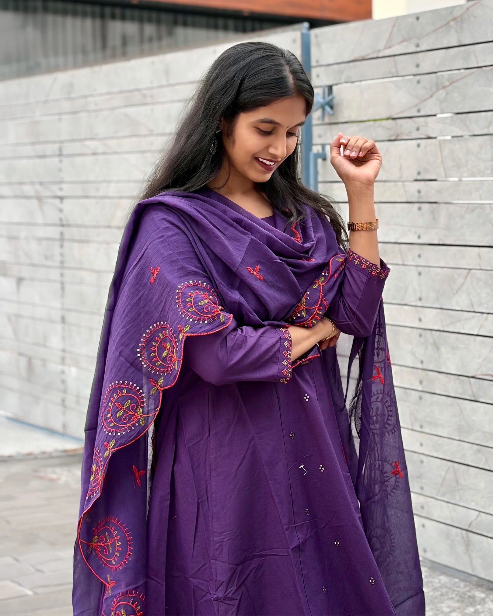 Purple Cotton Anarkali Set