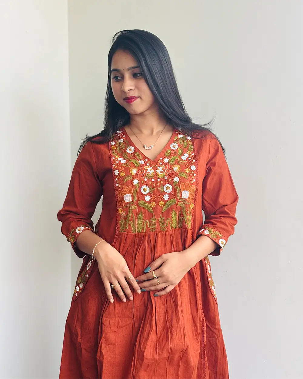 Rust Orange Cotton Anarkali Set