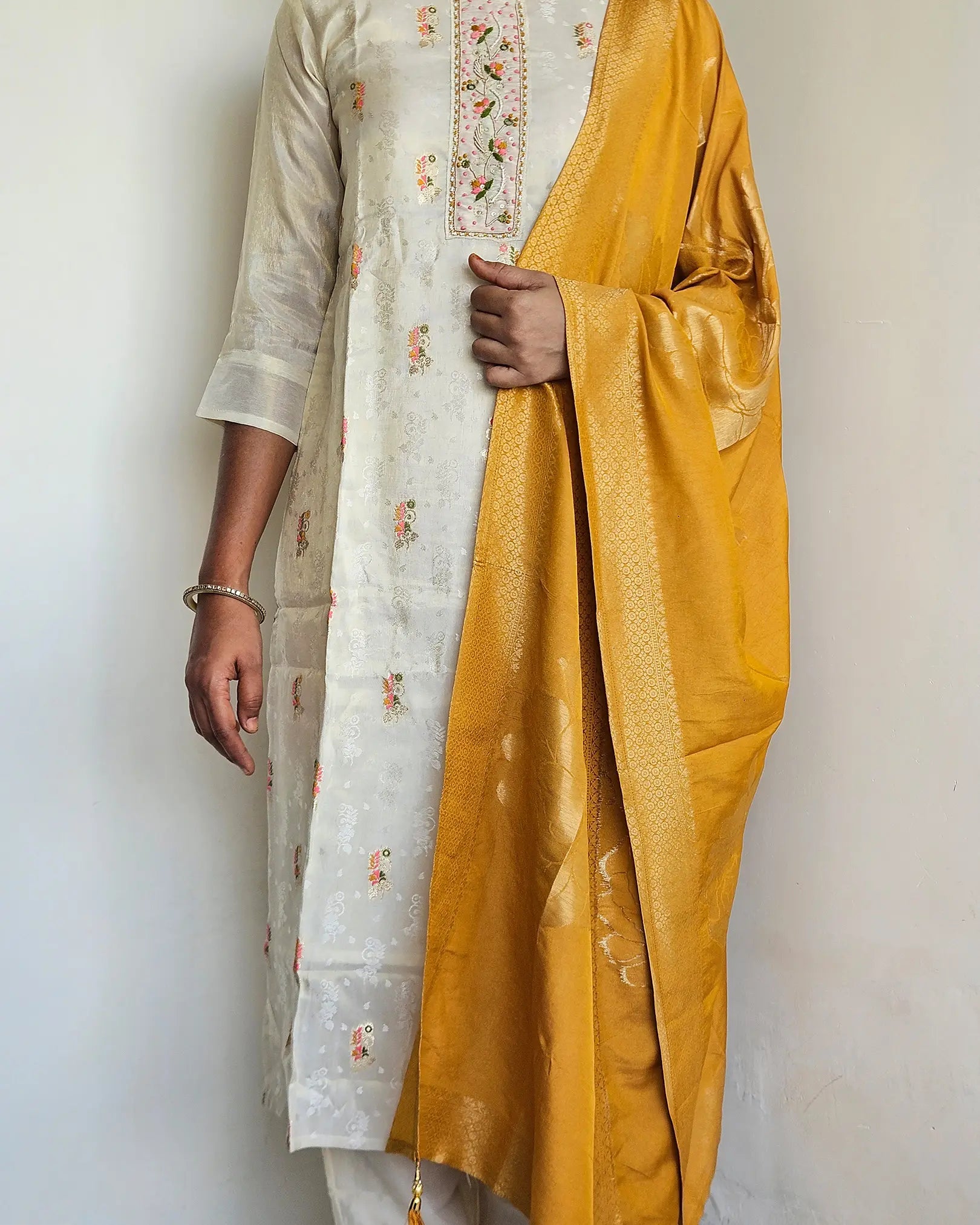 Cream Brocade Silk Suit