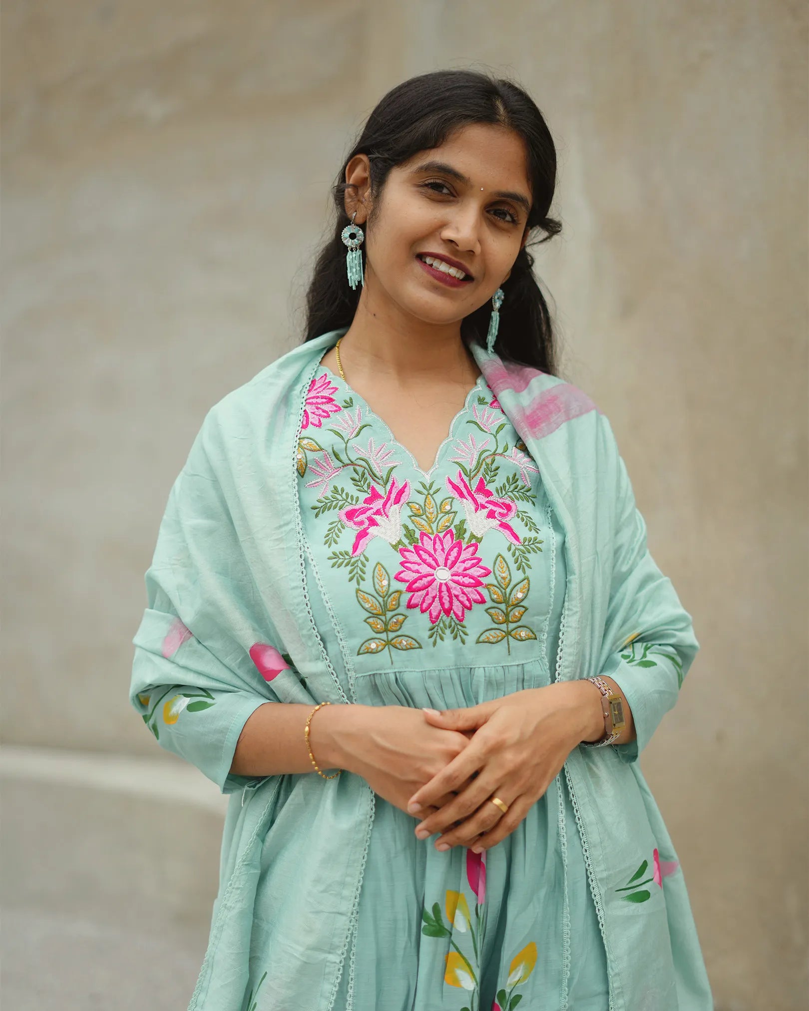 Sky blue hand painted anarkali