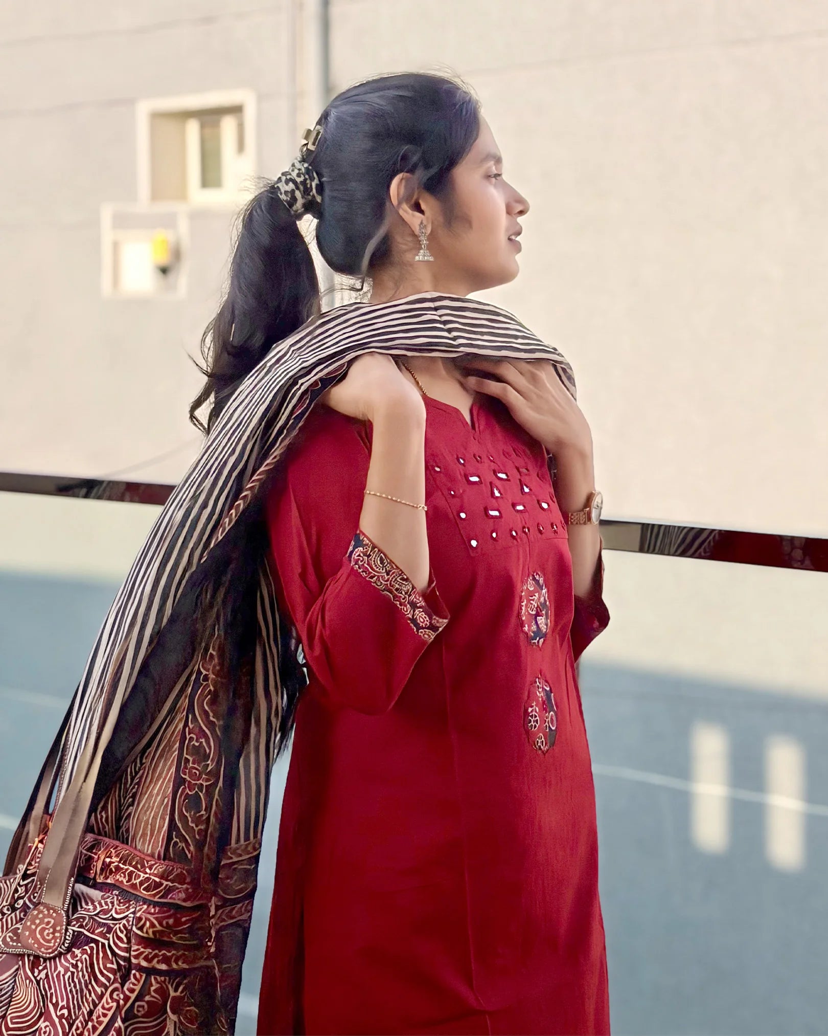 Red Dhabu Cotton Kurti Set