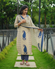 Cream and Blue 3pc Kurthi Set