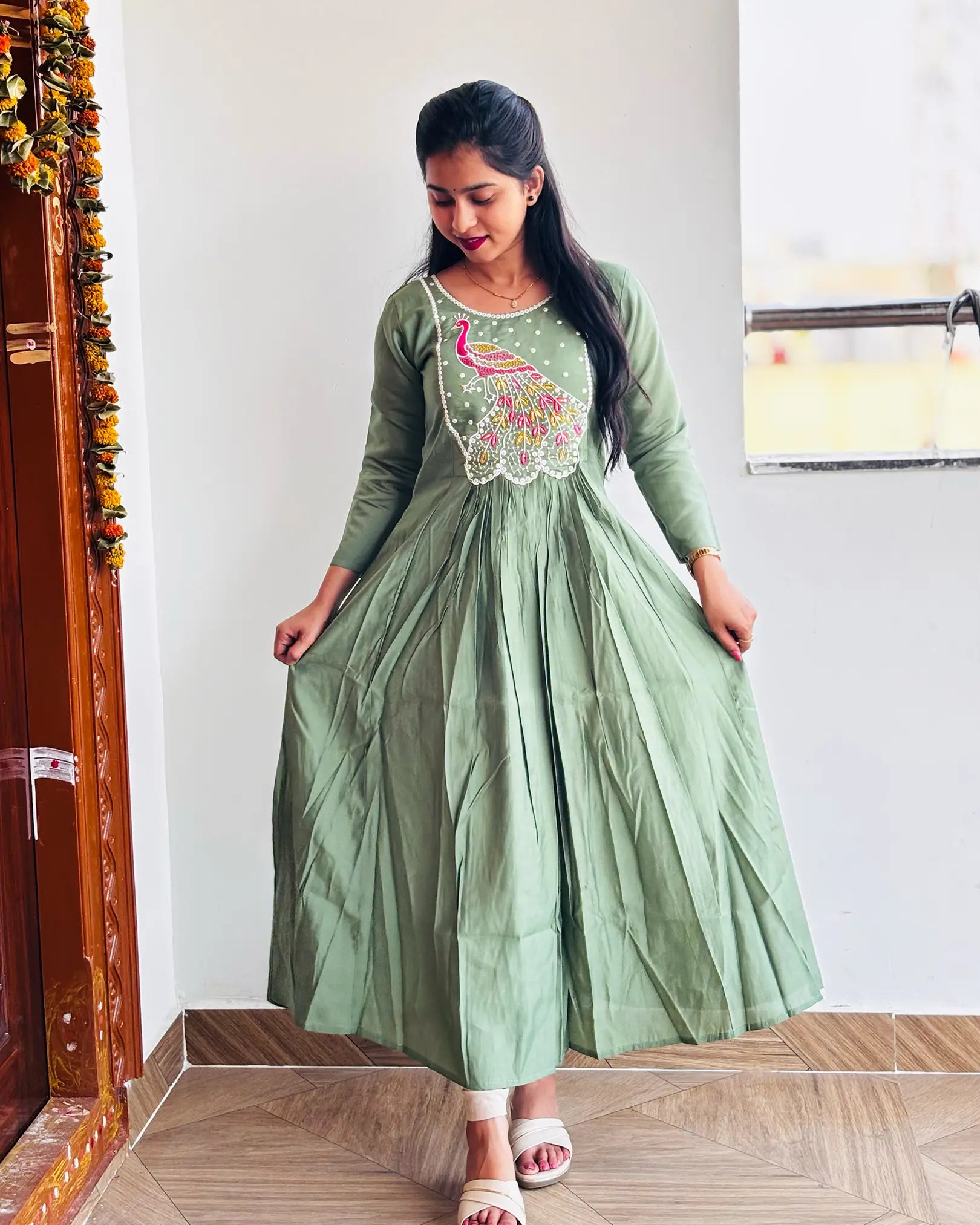 Olive green Roman Silk Gown