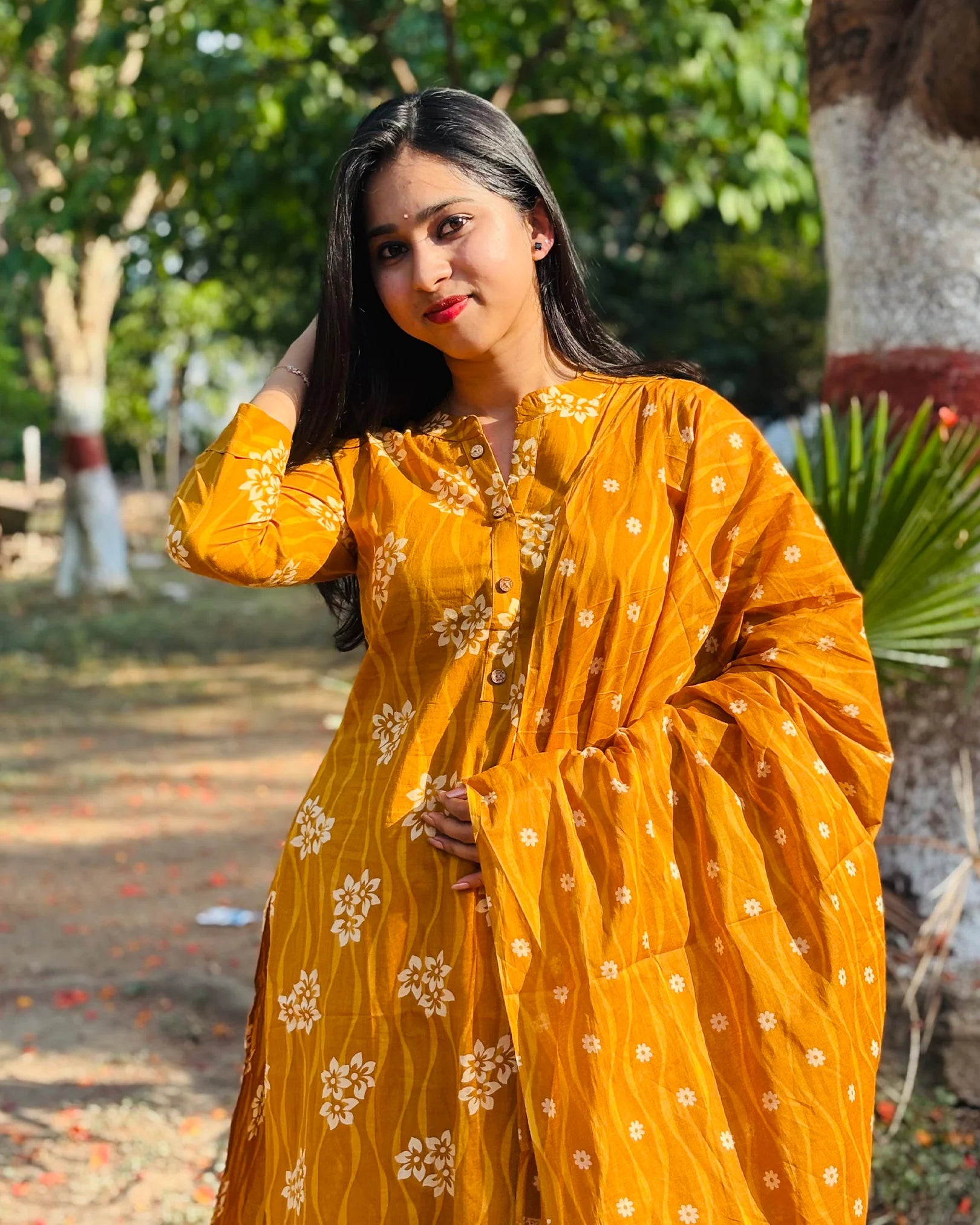 Mustard Yellow Cotton Kurti Set