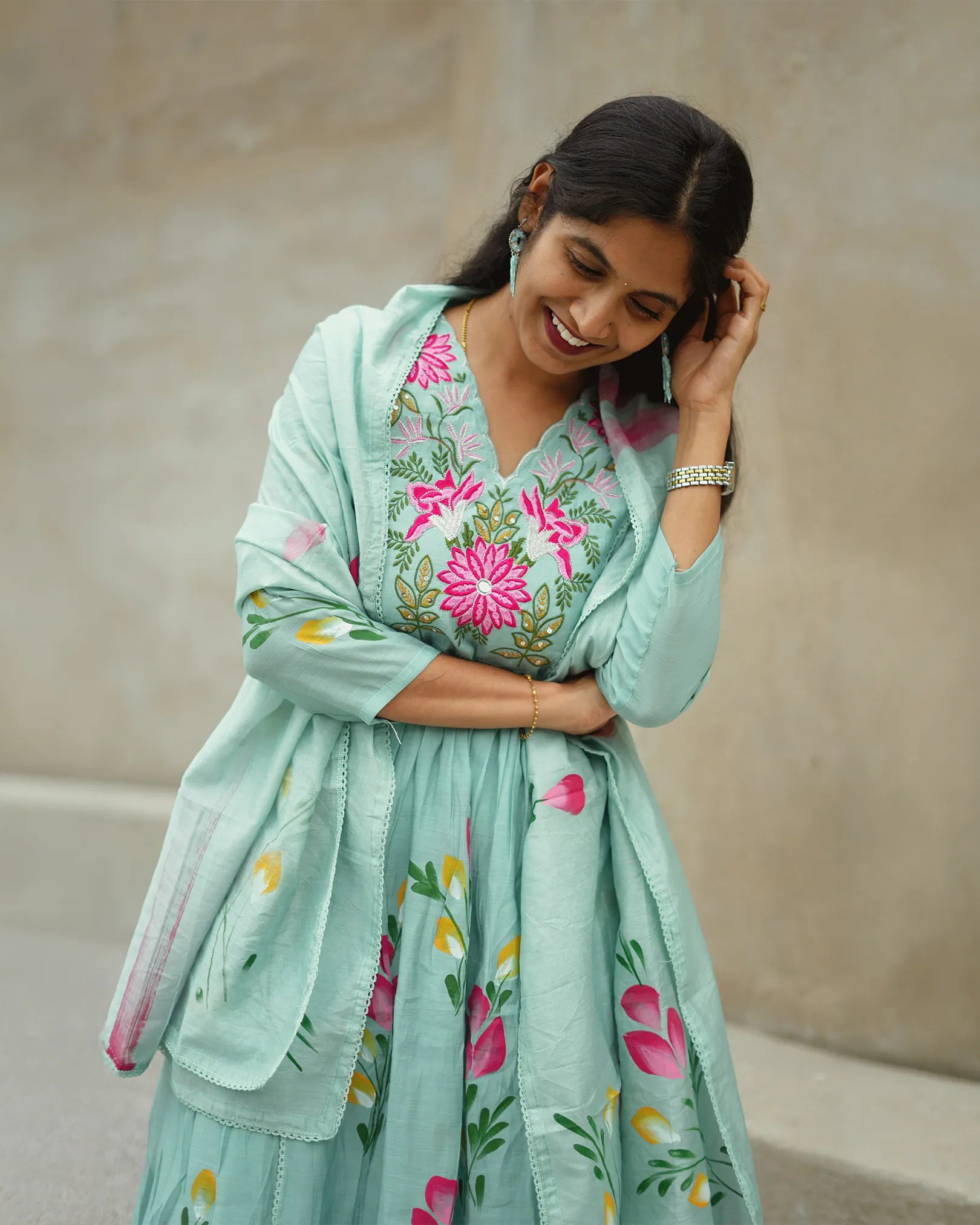 Sky blue hand painted anarkali