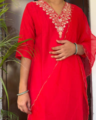 Vibrant Red Muslin Silk Kurta Set