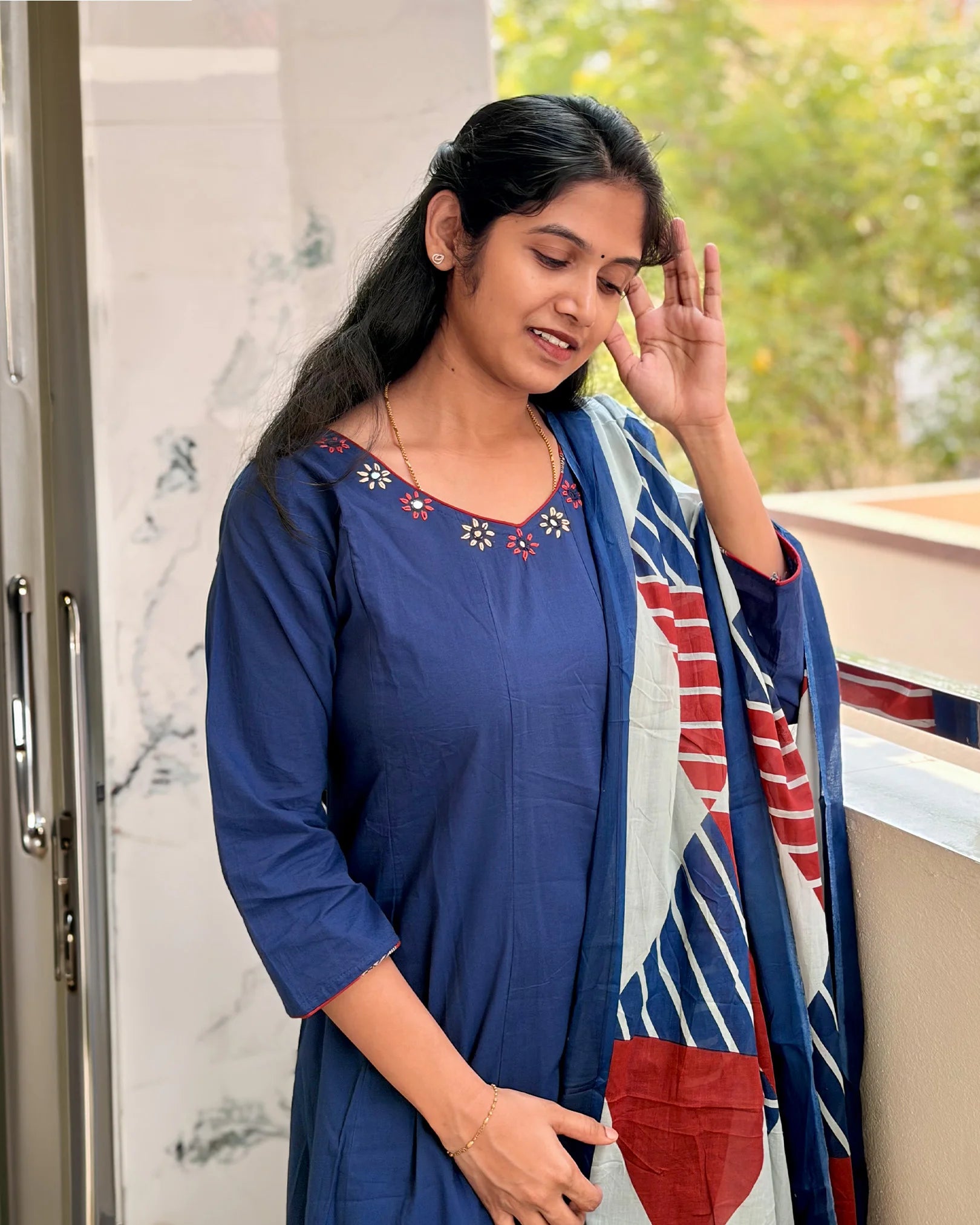 Blue Dhabu Cotton Kurti Set