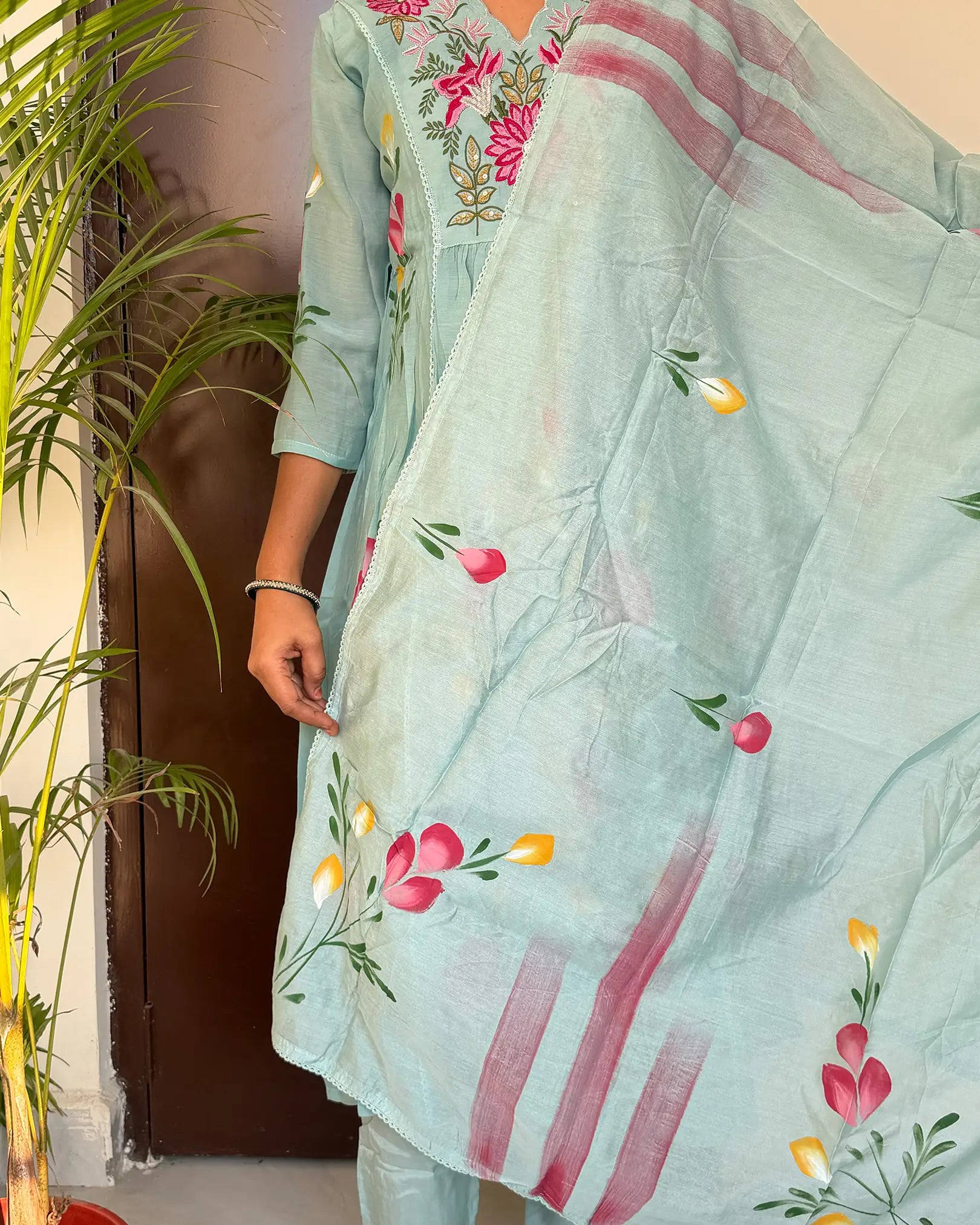 Sky blue hand painted anarkali
