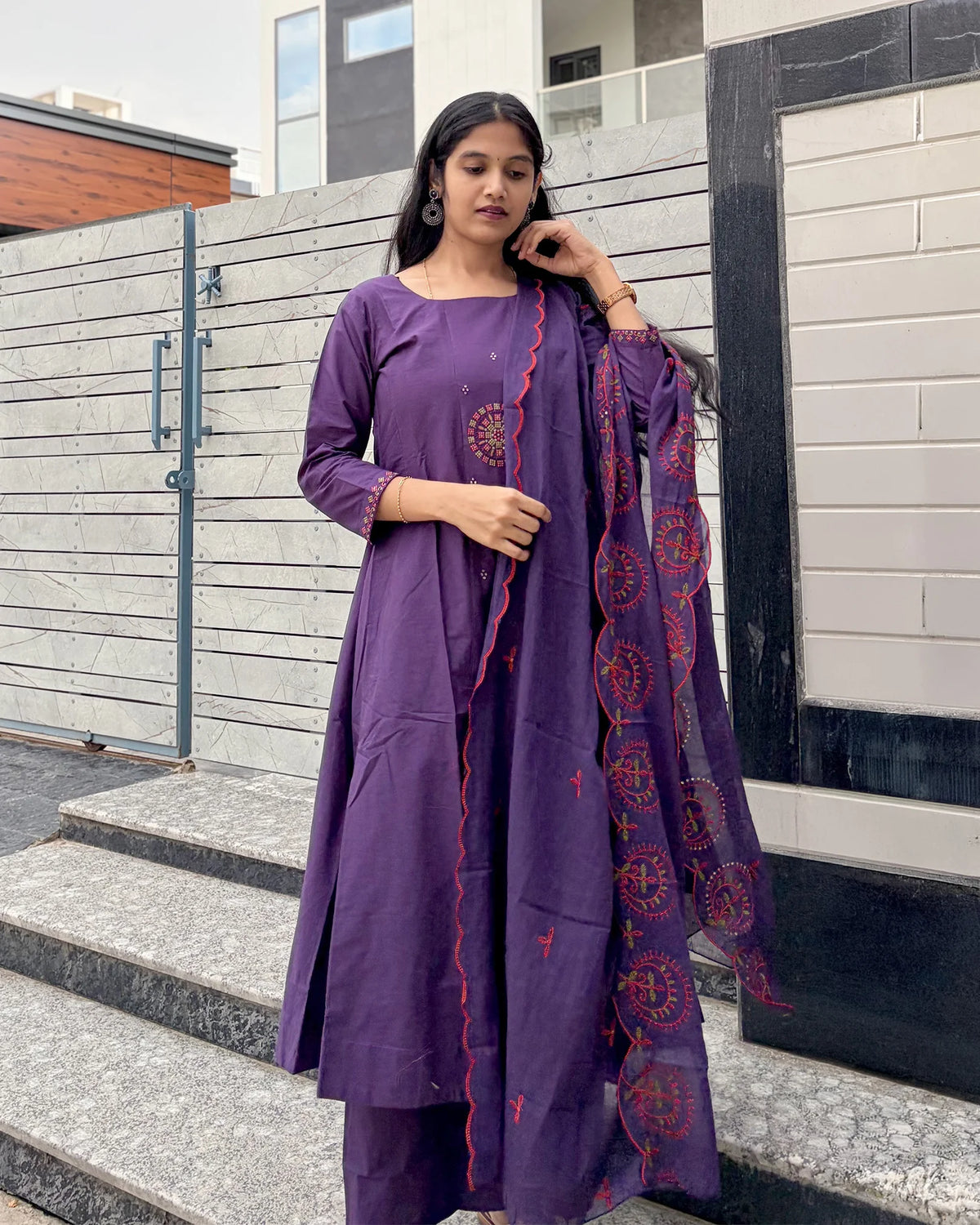 Purple Cotton Anarkali Set