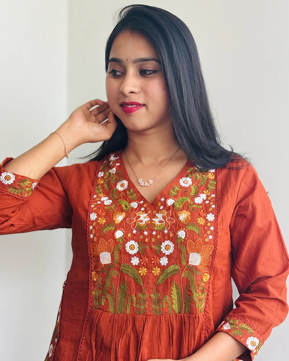Rust Orange Cotton Anarkali Set