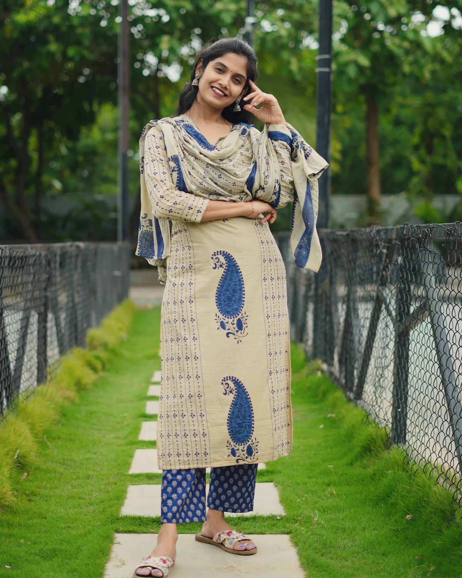 Cream and Blue 3pc Kurthi Set