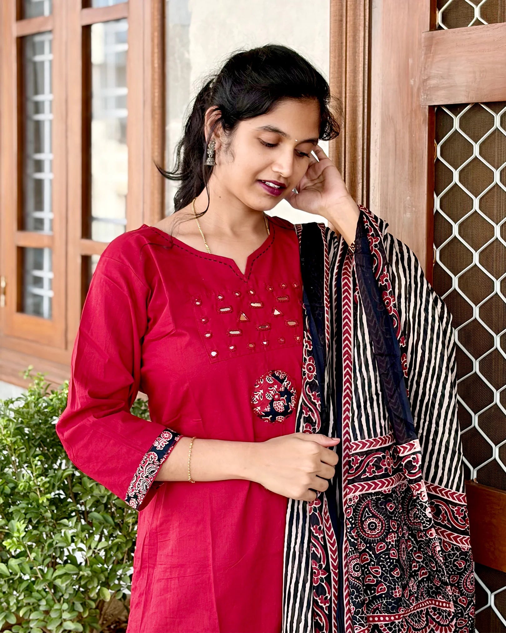 Red Dhabu Cotton Kurti Set