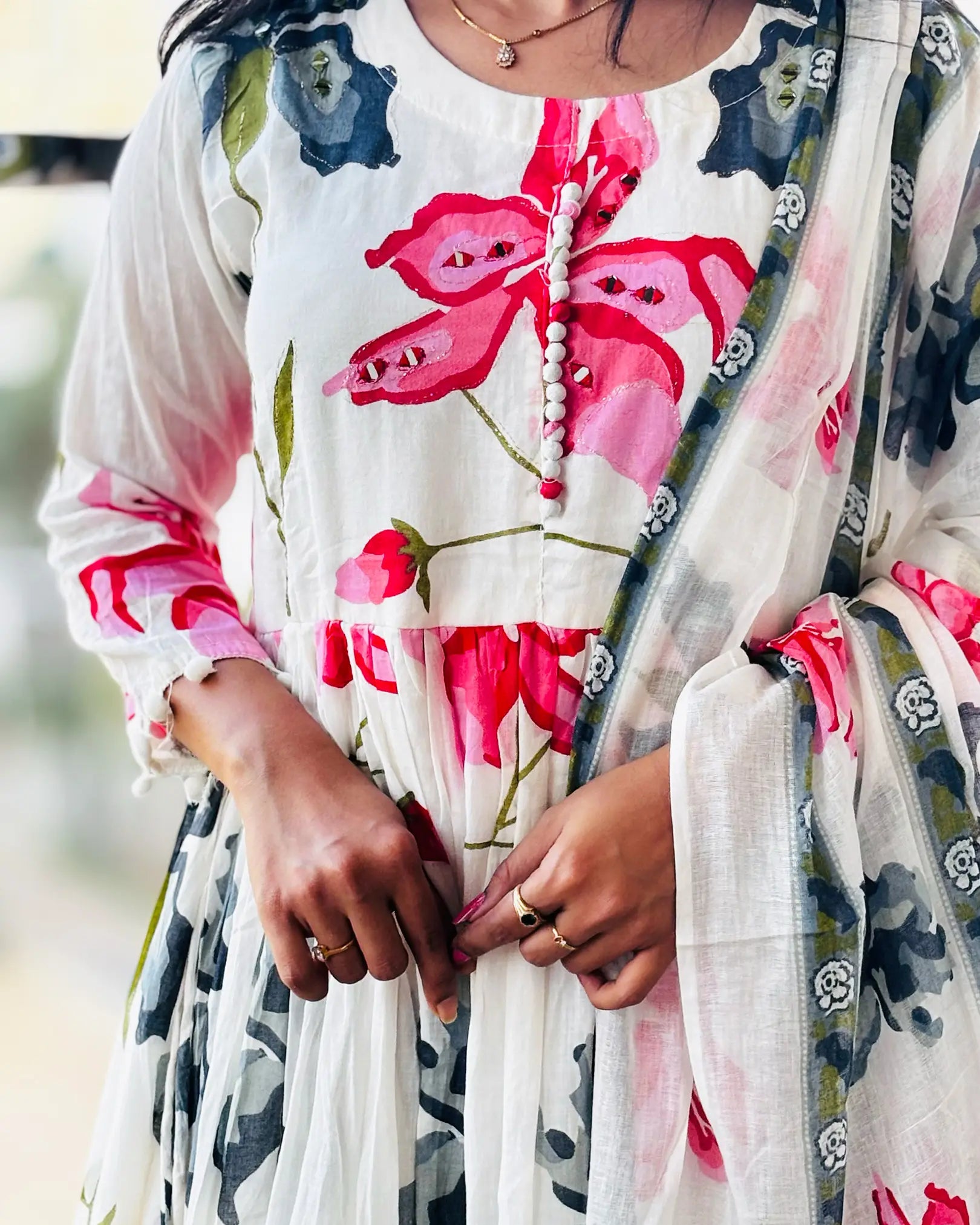 Offwhite Mul Cotton Anarkali with Duppatta