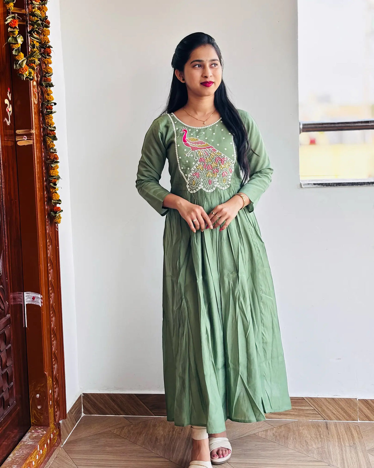 Olive green Roman Silk Gown