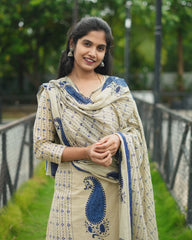 Cream and Blue 3pc Kurthi Set