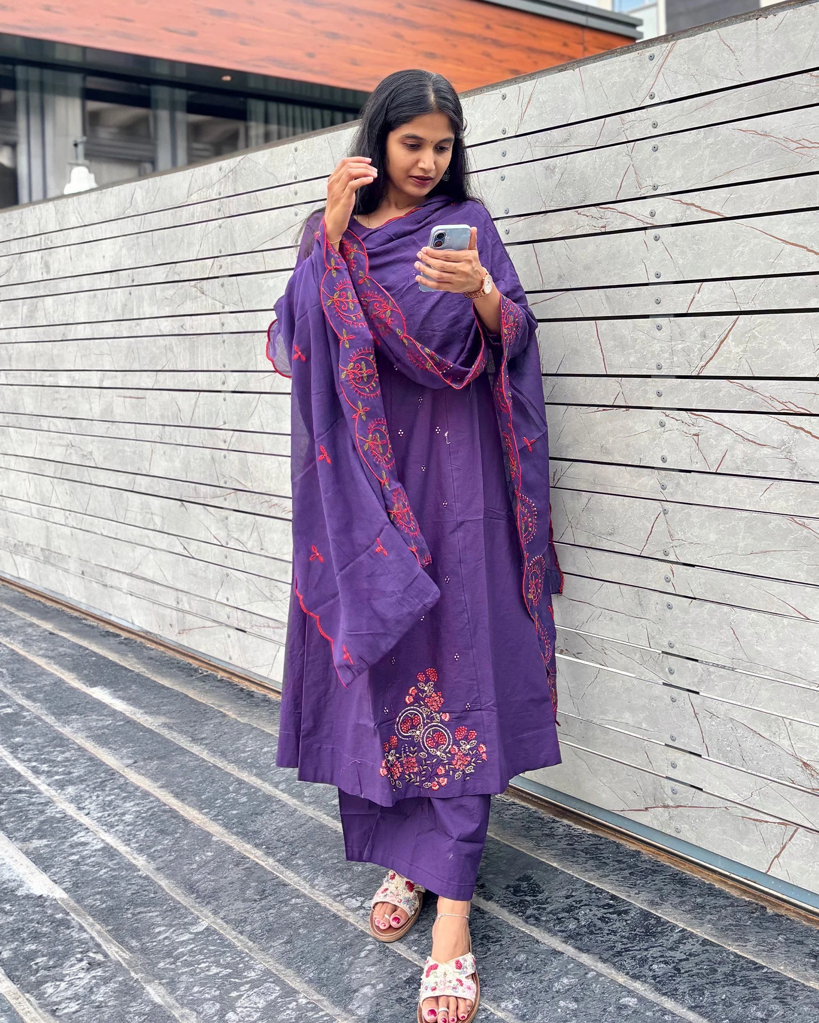 Purple Cotton Anarkali Set
