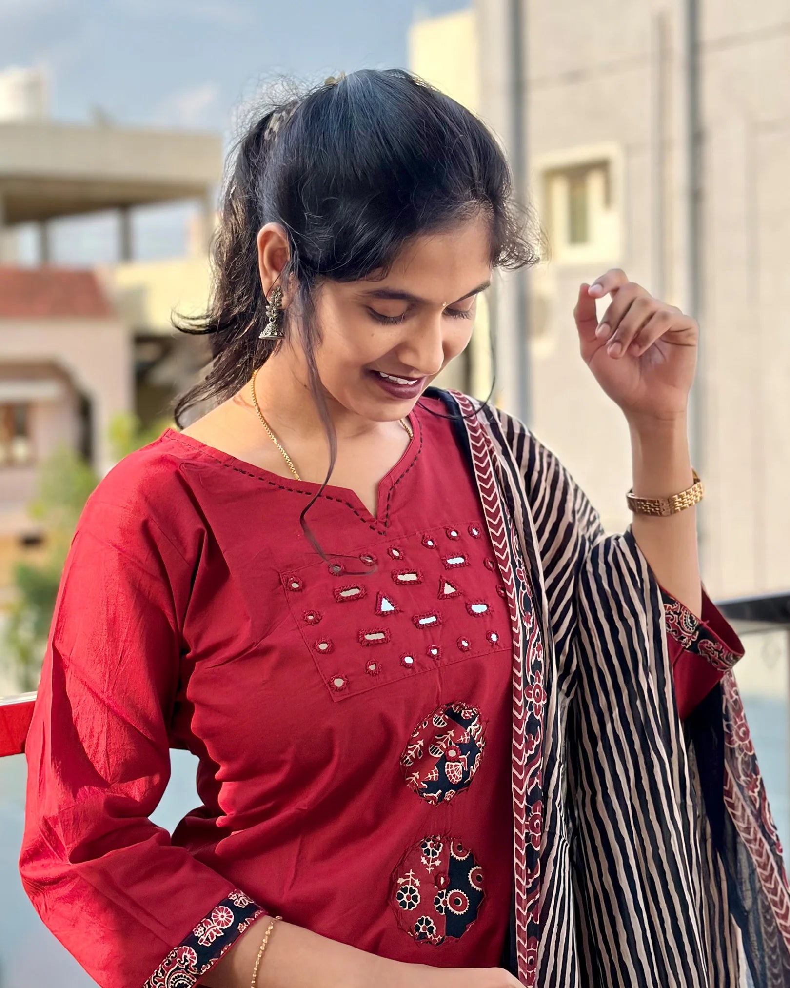 Red Dhabu Cotton Kurti Set