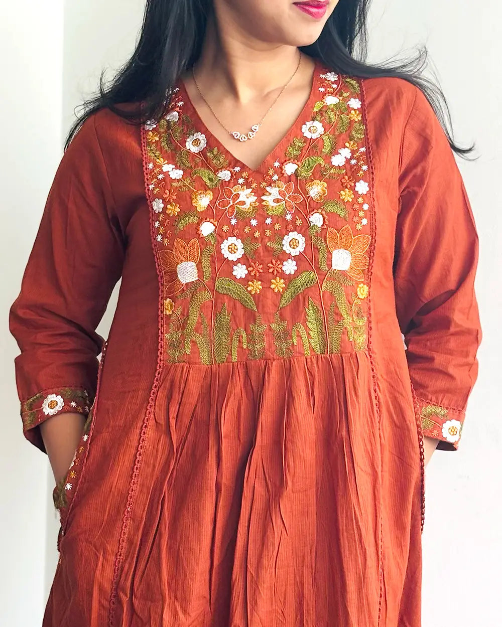 Rust Orange Cotton Anarkali Set
