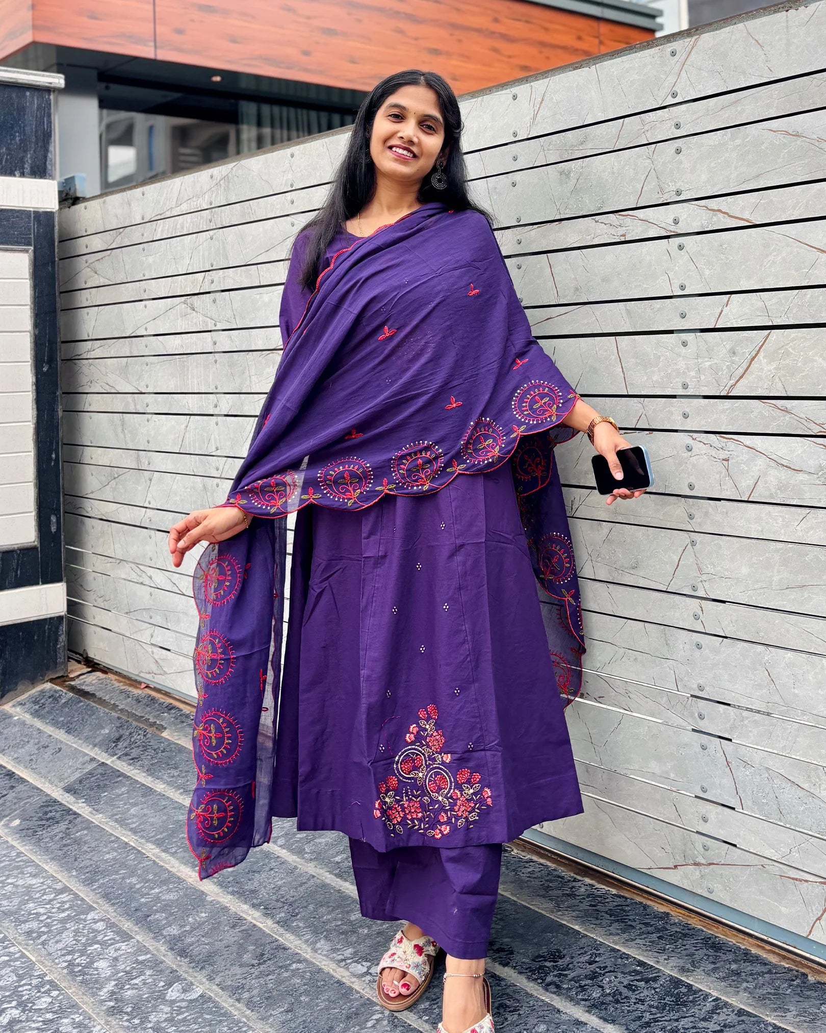 Purple Cotton Anarkali Set