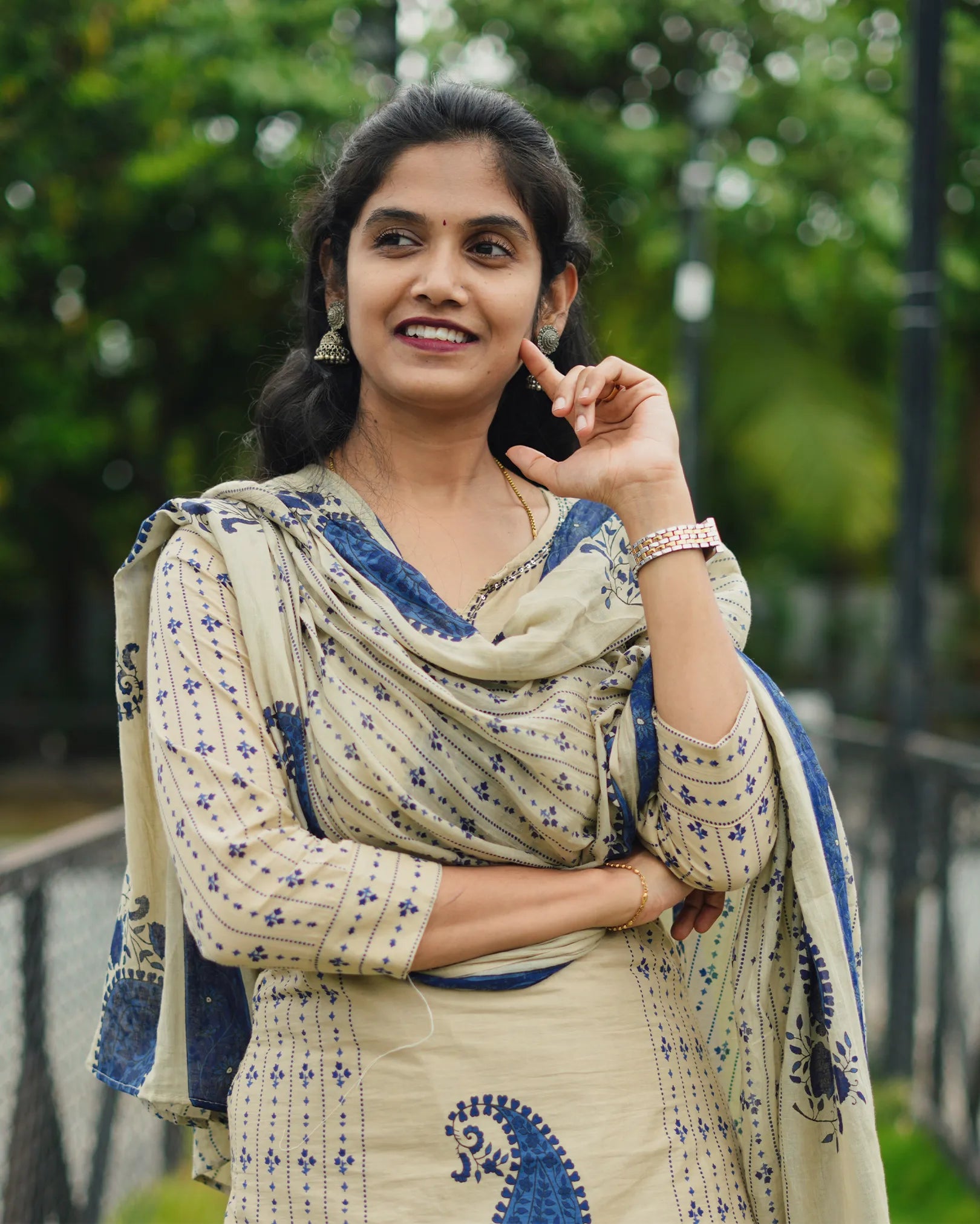 Cream and Blue 3pc Kurthi Set