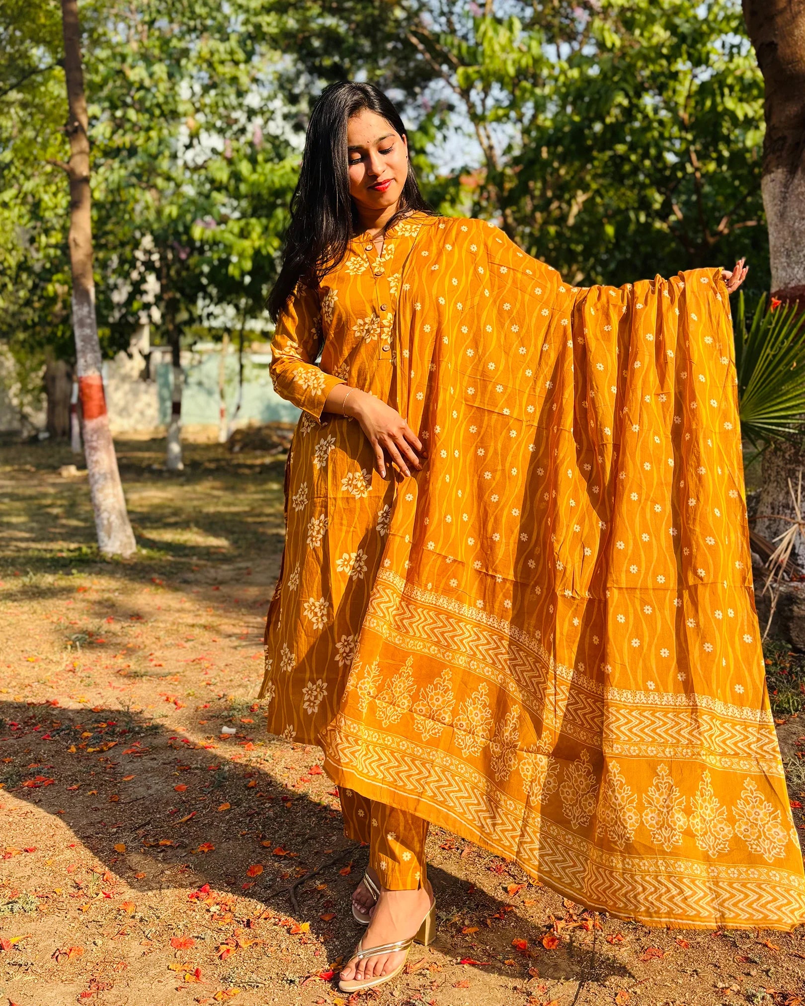 Mustard Yellow Cotton Kurti Set