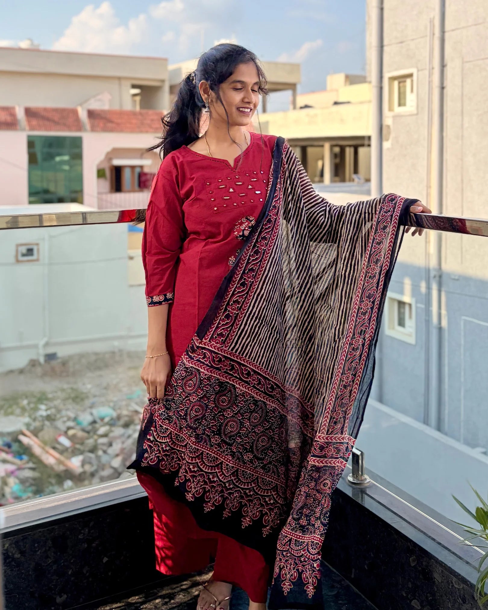 Red Dhabu Cotton Kurti Set