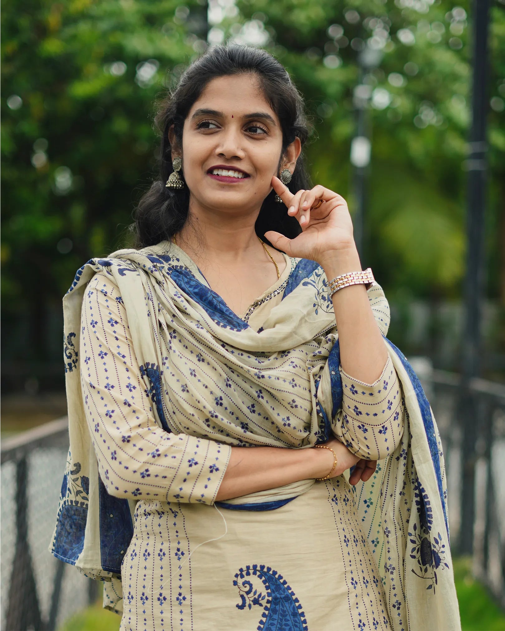 Cream and Blue 3pc Kurthi Set