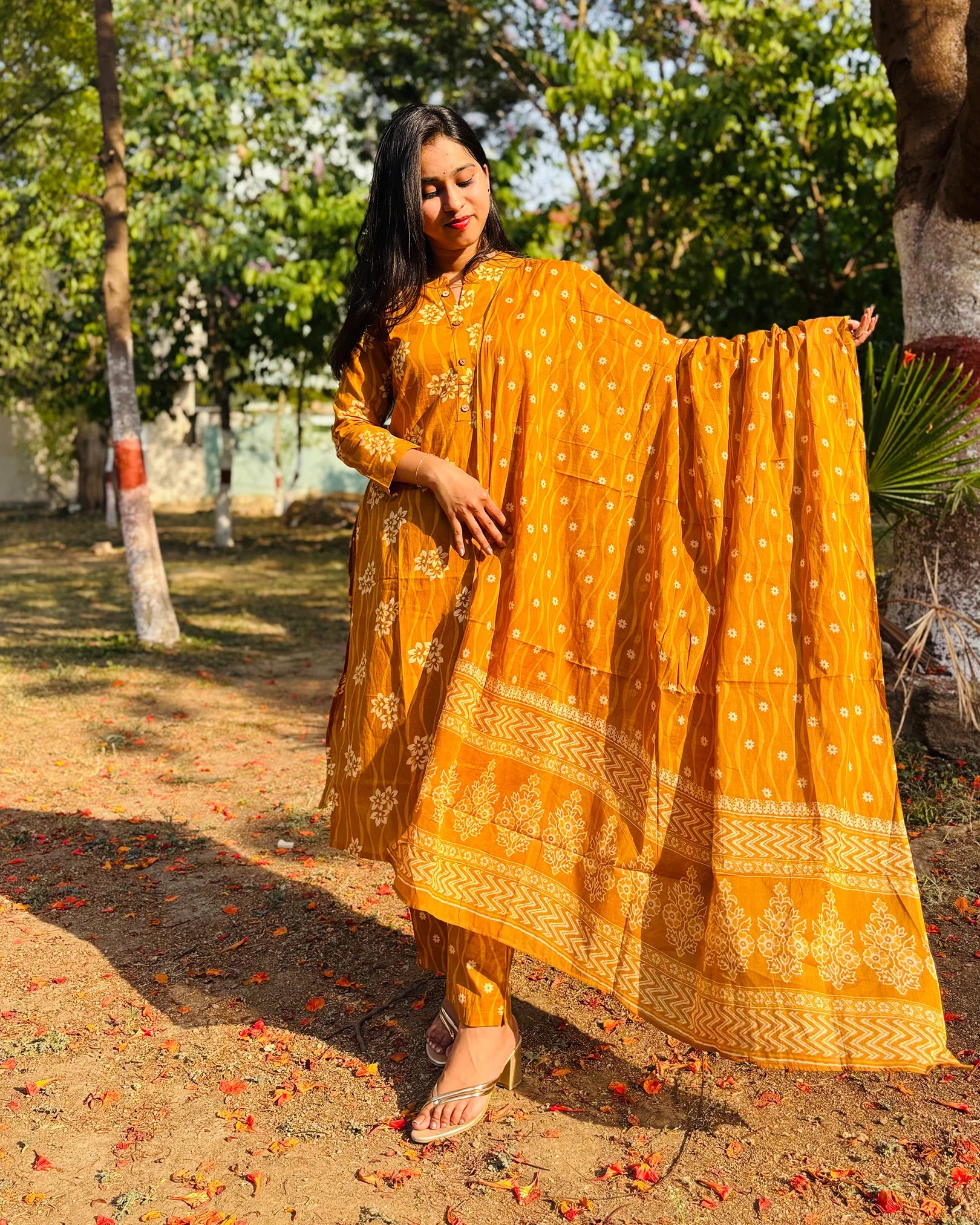Mustard Yellow Cotton Kurti Set