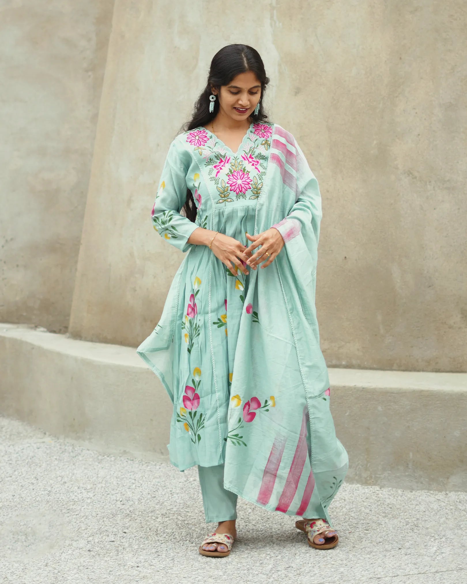 Sky blue hand painted anarkali