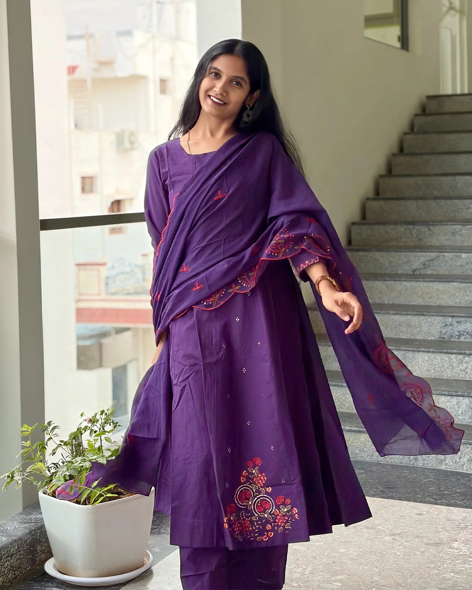 Purple Cotton Anarkali Set