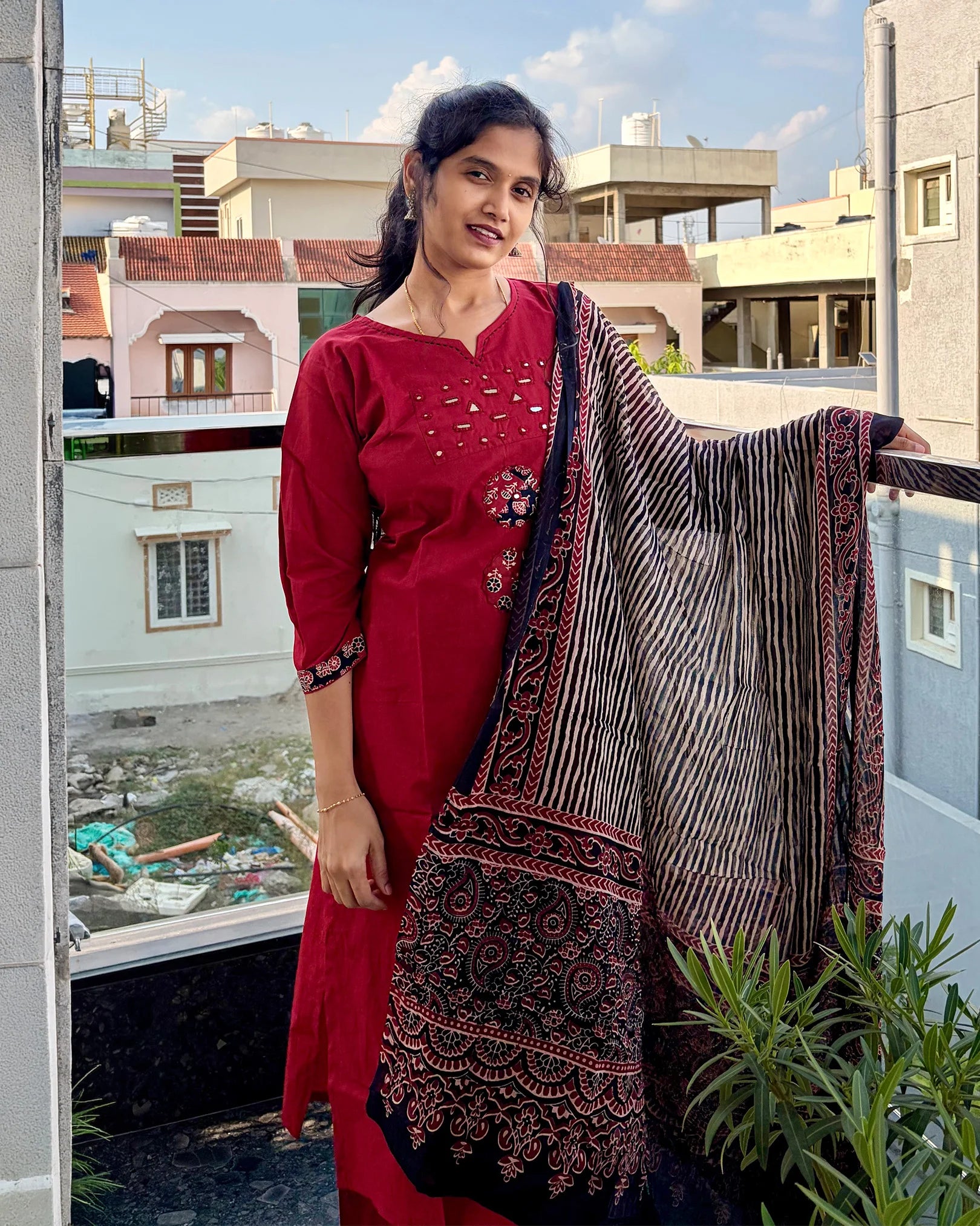 Red Dhabu Cotton Kurti Set