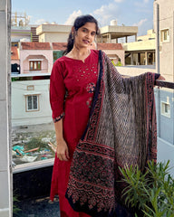 Red Dhabu Cotton Kurti Set