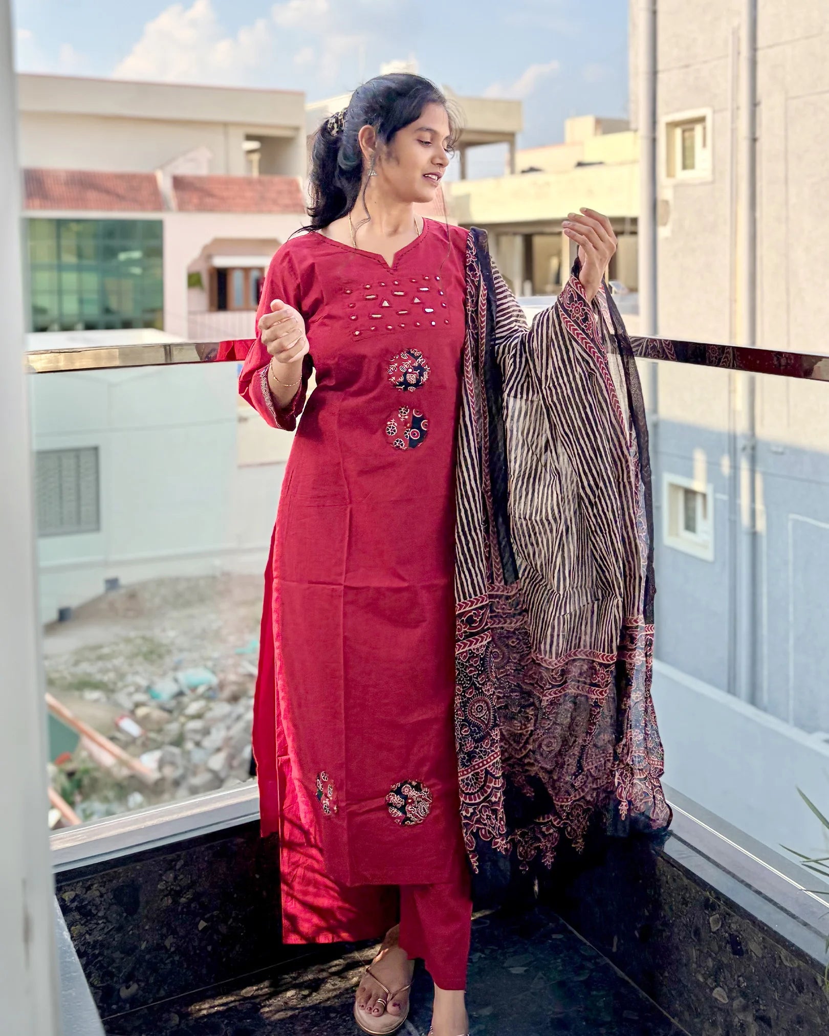 Red Dhabu Cotton Kurti Set