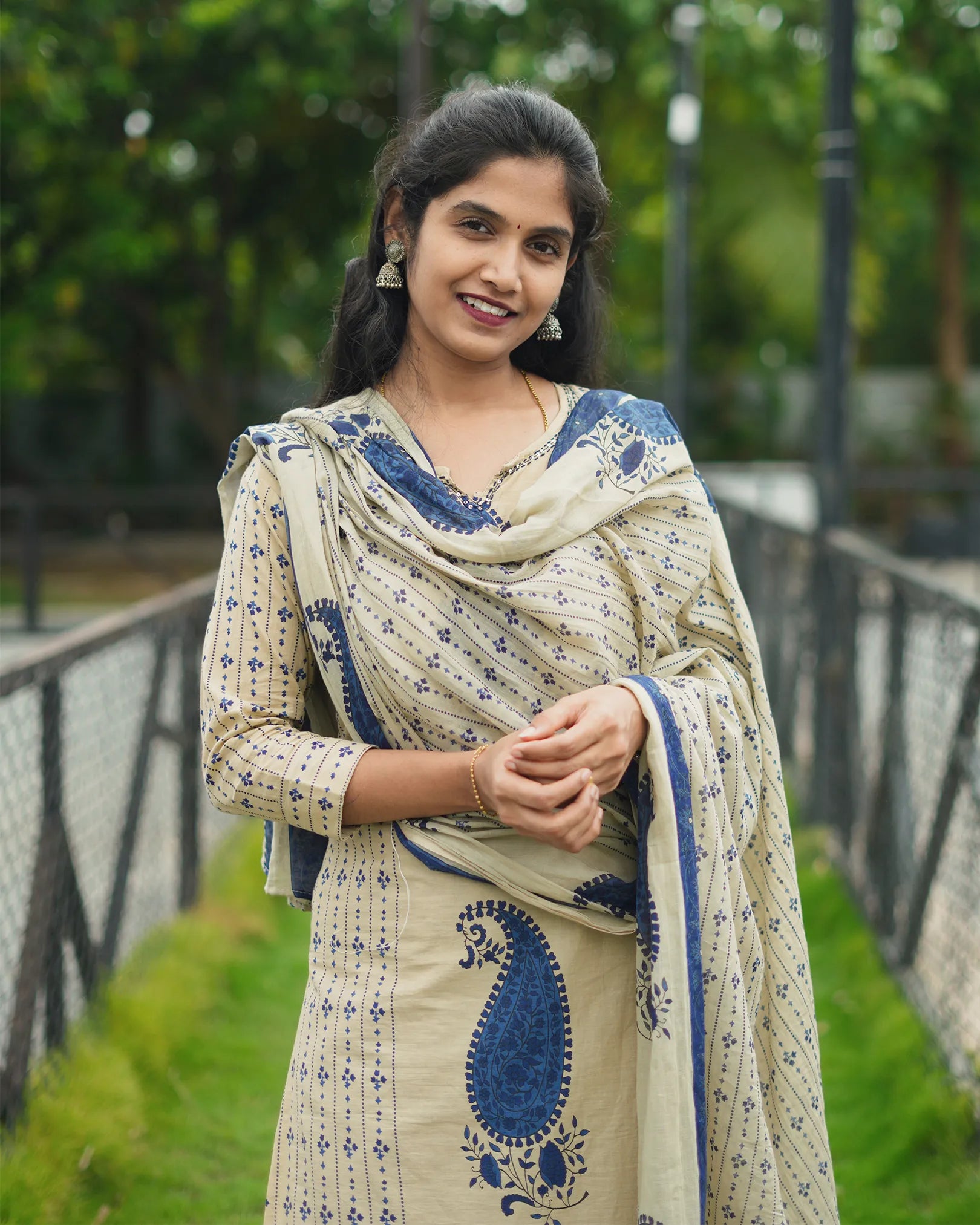 Cream and Blue 3pc Kurthi Set