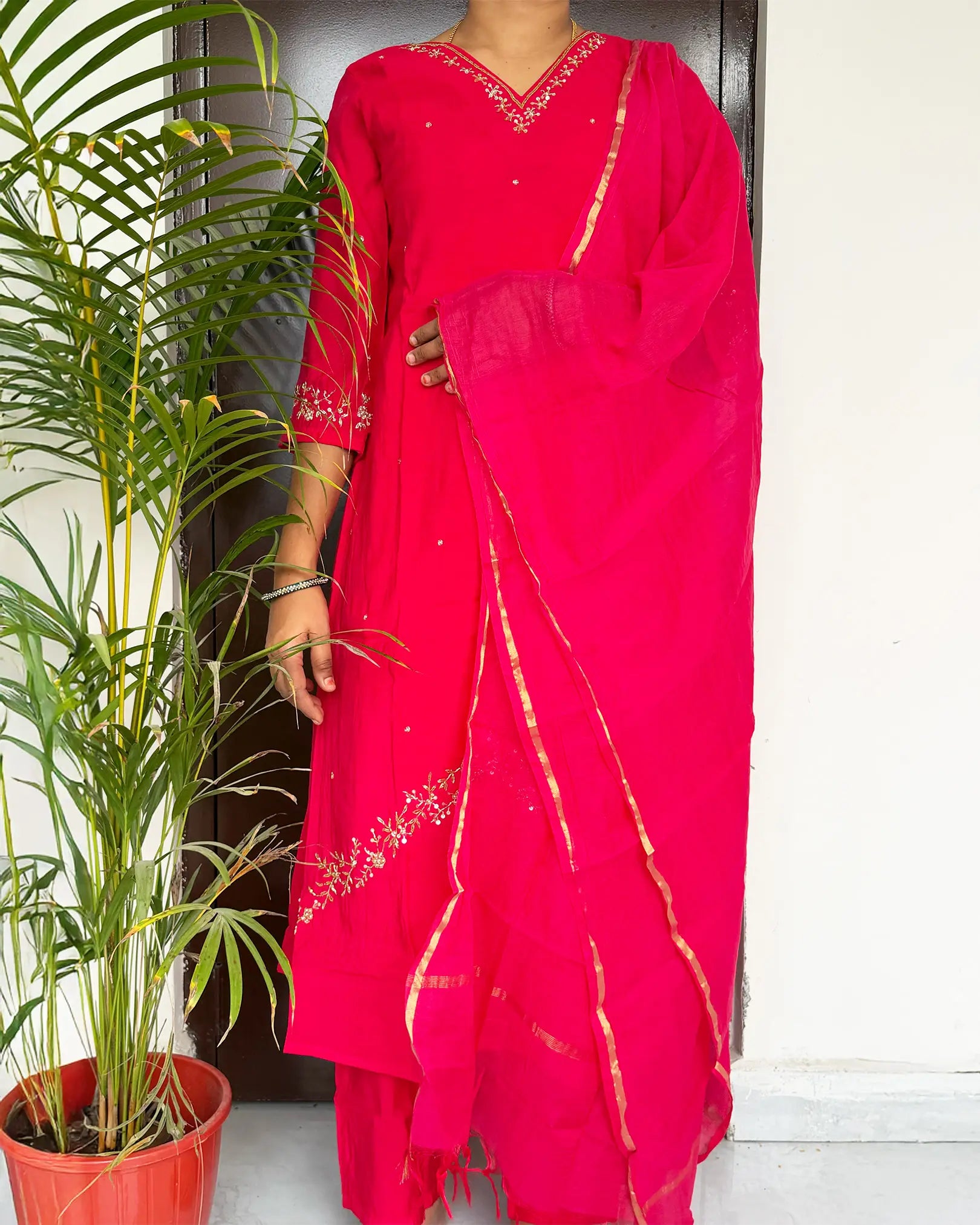 Rani pink hand embroided anarkali