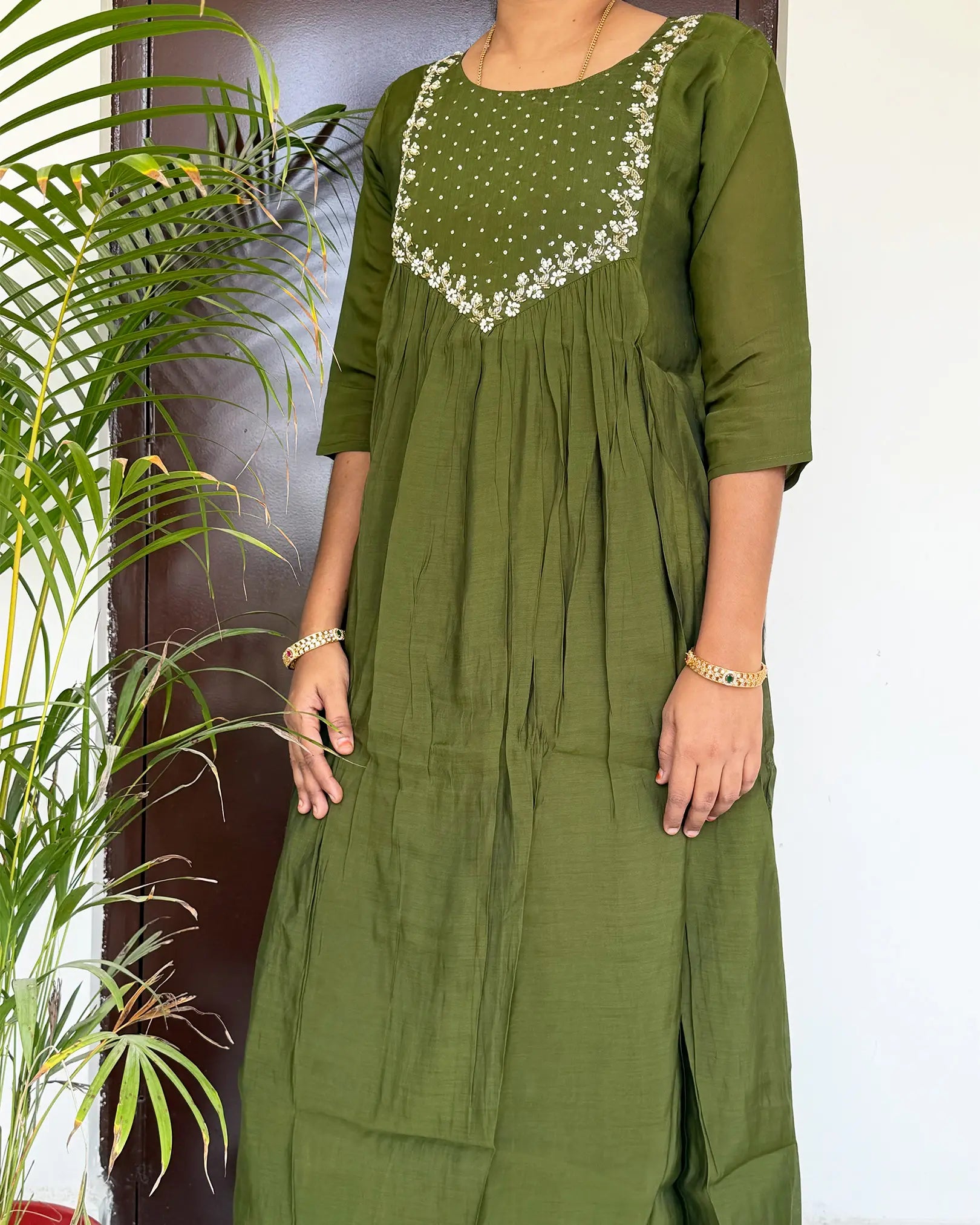 Mehendi green hand embroided anarkali