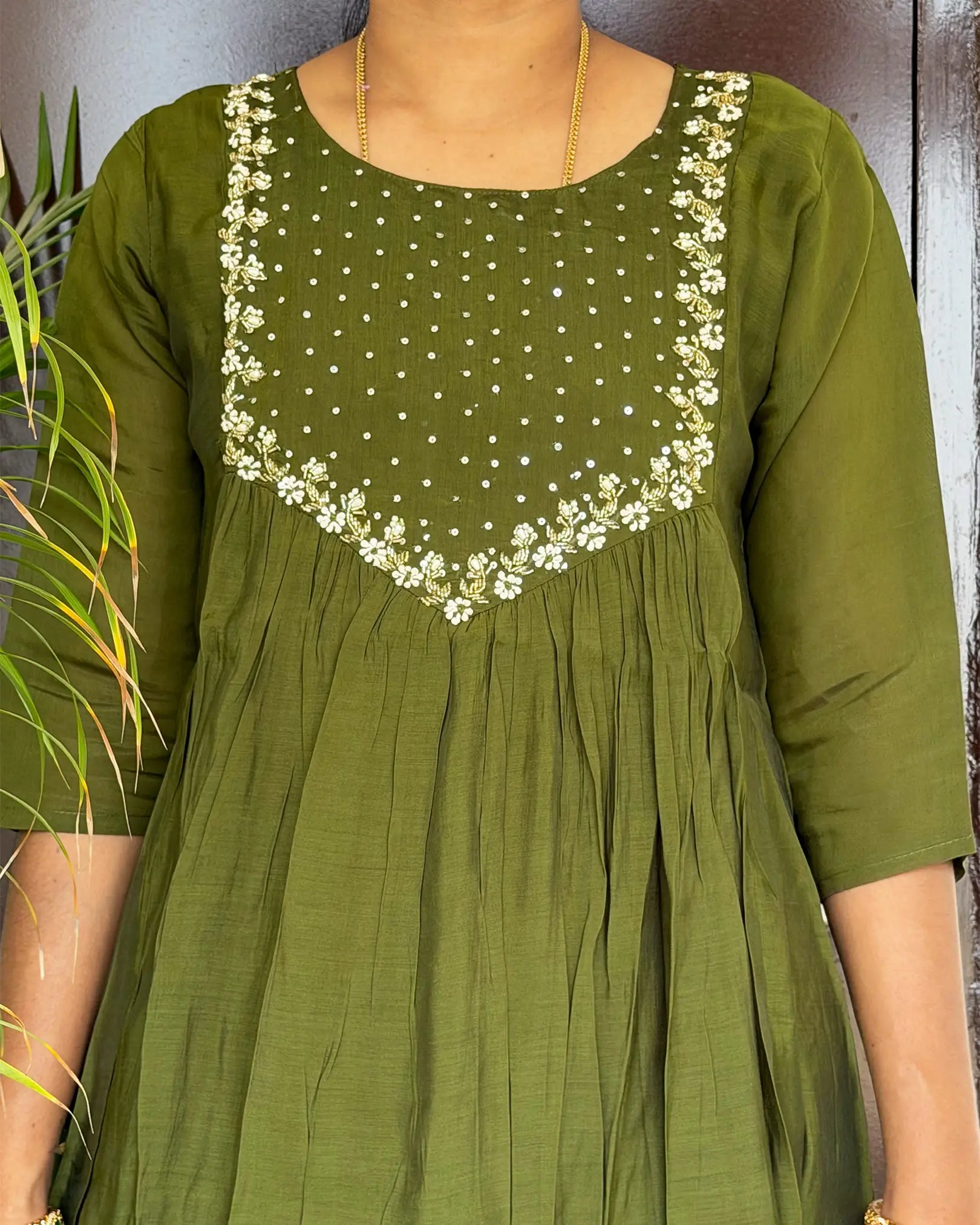 Mehendi green hand embroided anarkali