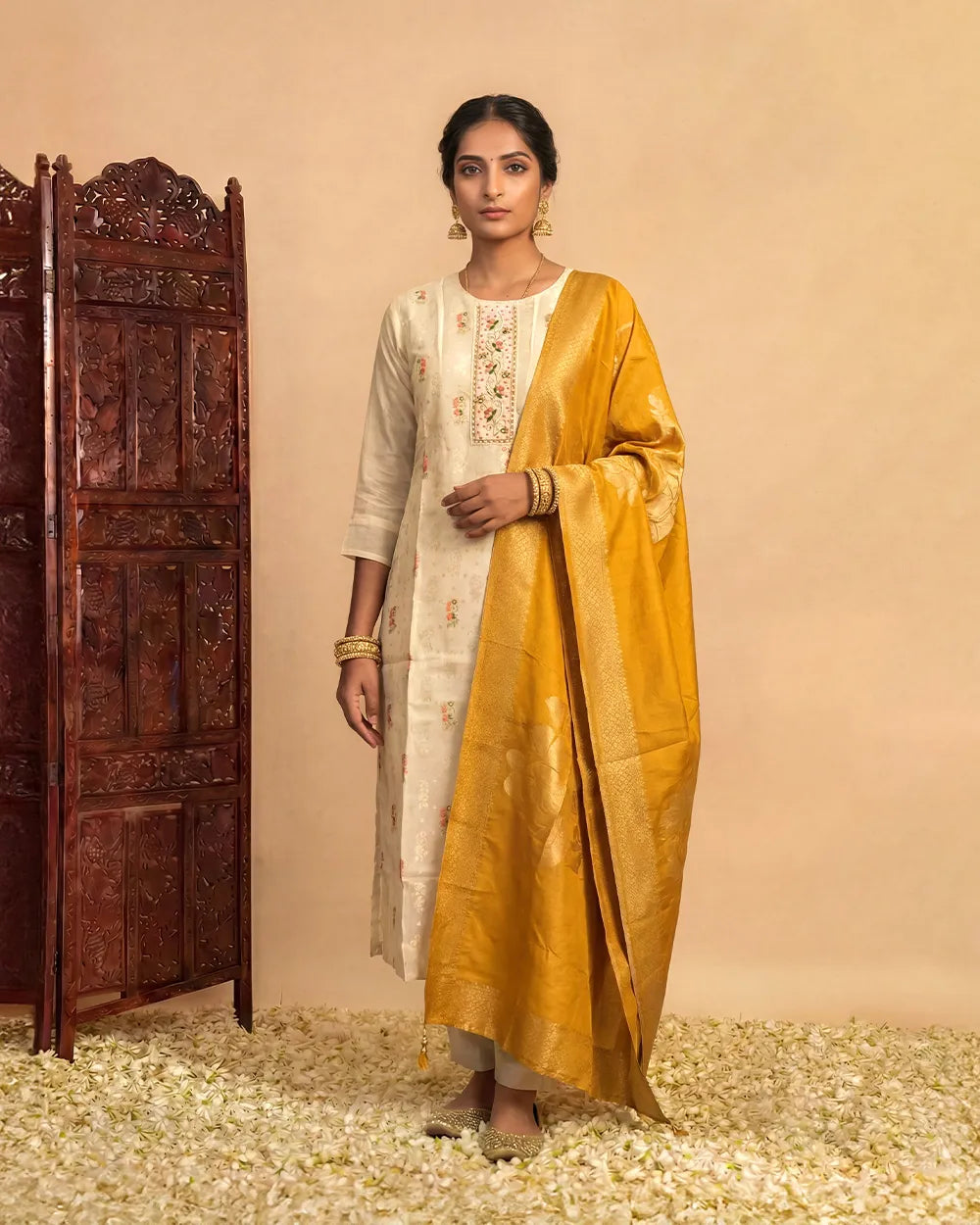 Cream Brocade Silk Suit