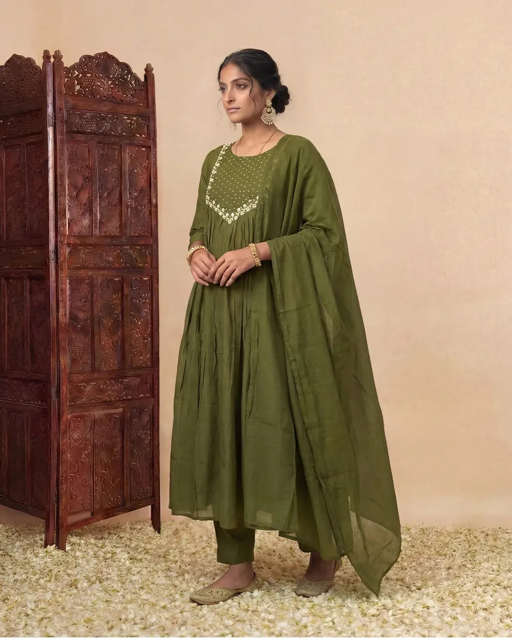 Mehendi green hand embroided anarkali