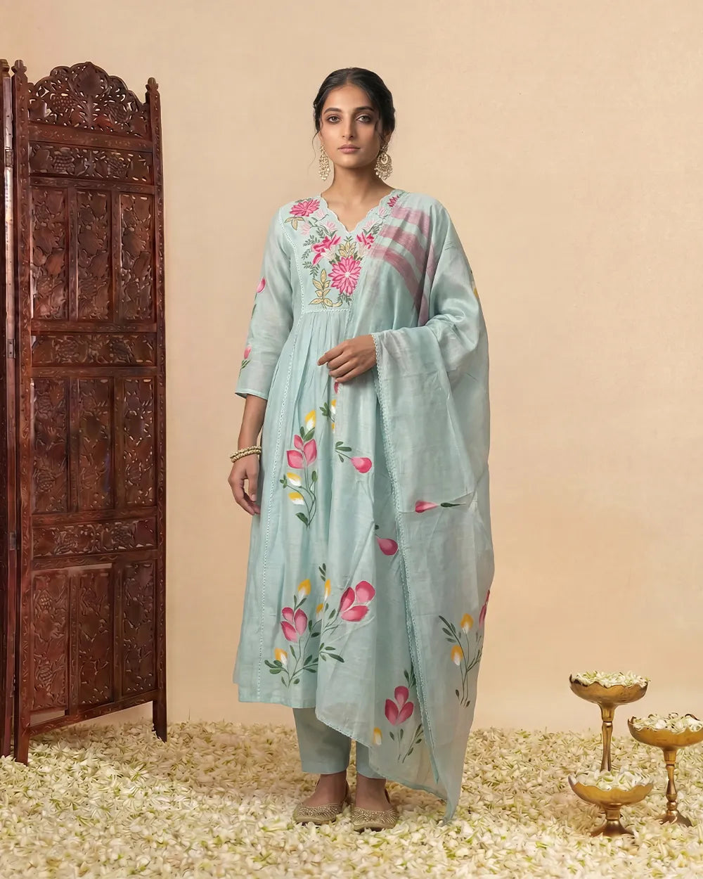Sky blue hand painted anarkali