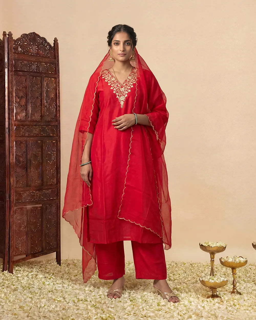 Vibrant Red Muslin Silk Kurta Set